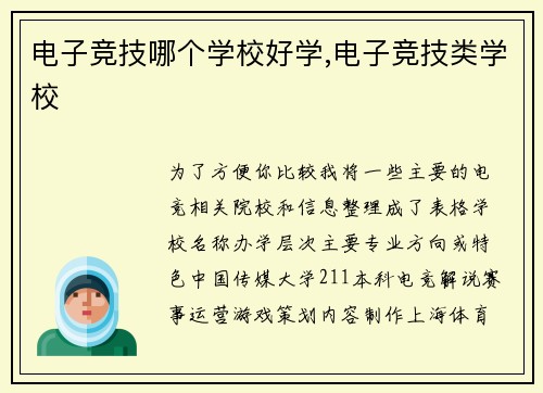 电子竞技哪个学校好学,电子竞技类学校